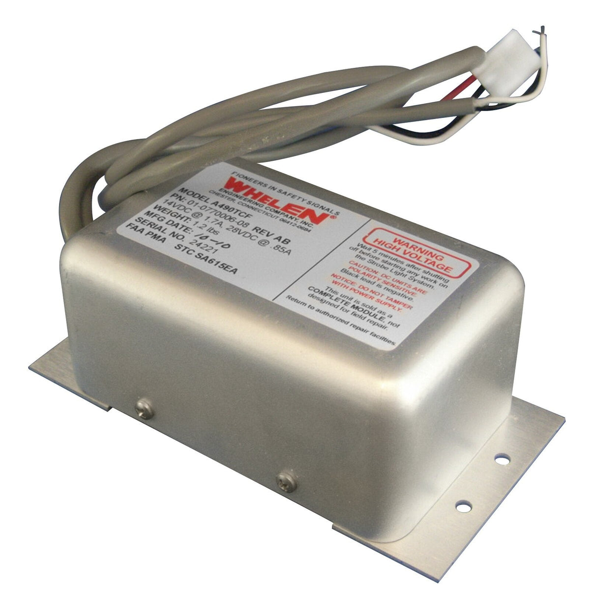 Whelen A490TCF Single-Head Strobe Power Supply, 19 Joules, 10 to 30 VDC, 01-0770006-08