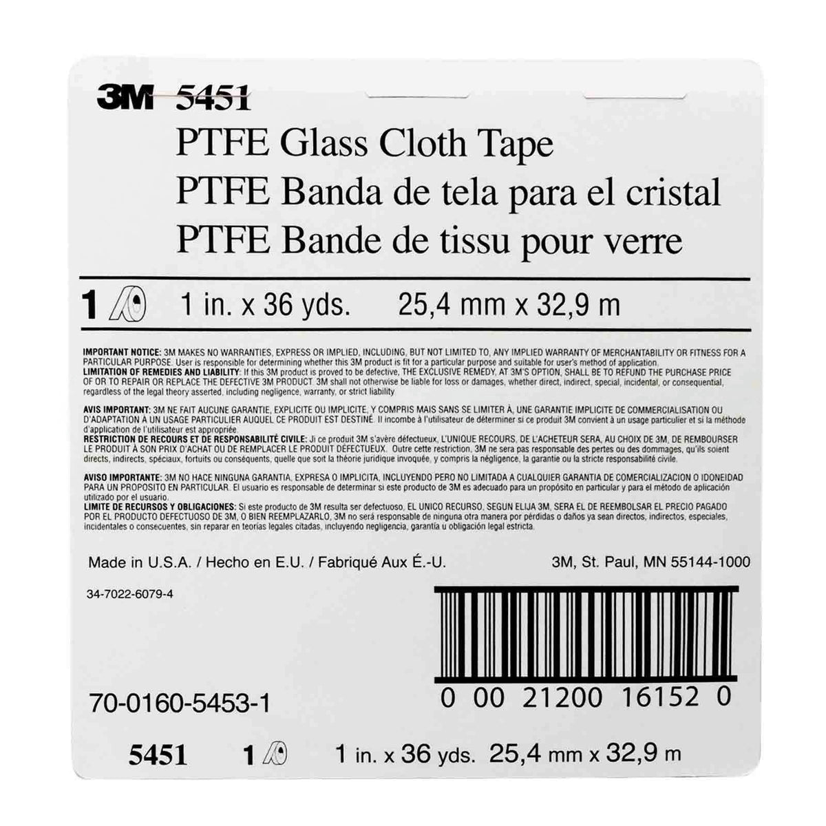 3M PTFE Glass Cloth Tape 5451, Brown, 1 in x 36 yd, 5.6 mil, 021200-16152
