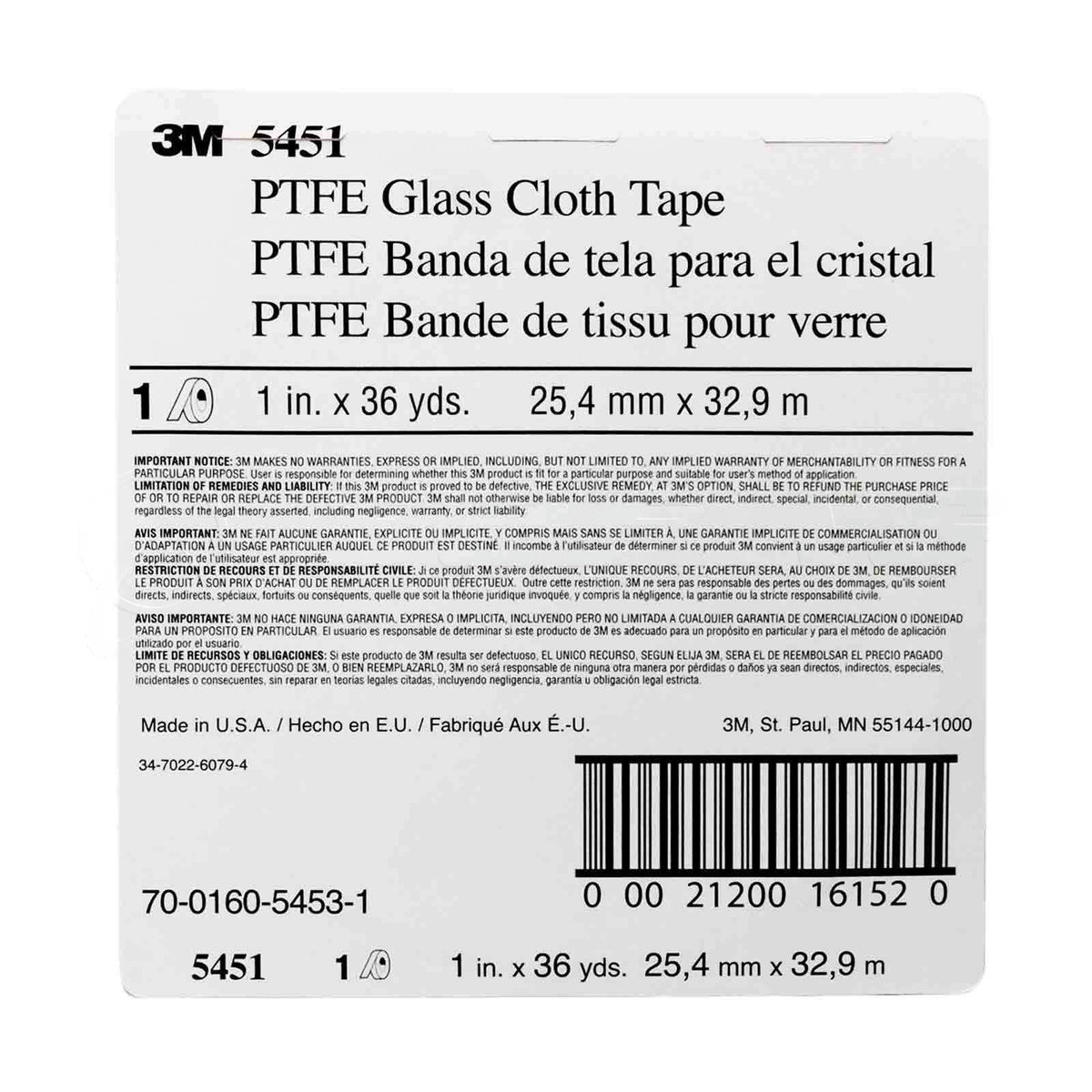 3M PTFE Glass Cloth Tape 5451, Brown, 1 in x 36 yd, 5.6 mil, 021200-16152