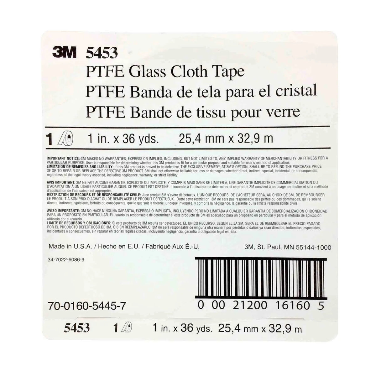 3M PTFE Glass Cloth Tape 5453, Brown, 1 in x 36 yd, 8.2 mil, 021200-16160