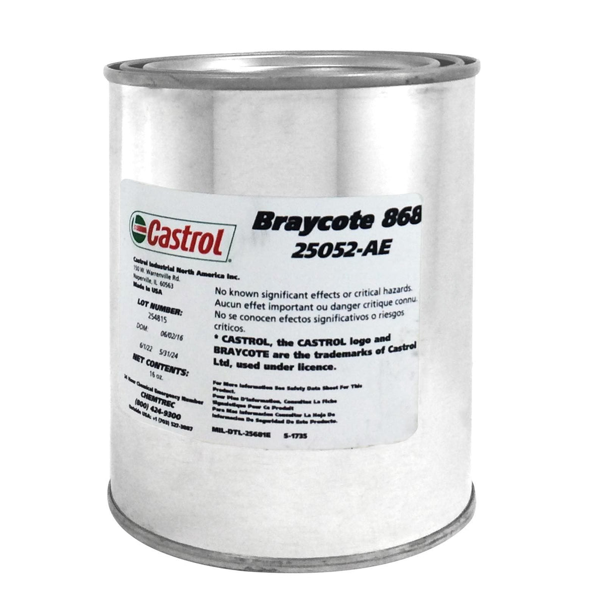 Castrol Braycote 868 Molybdenum Disulfide Silicone Grease, MIL-DTL-25681E, 1 lb Can, 25052AECP