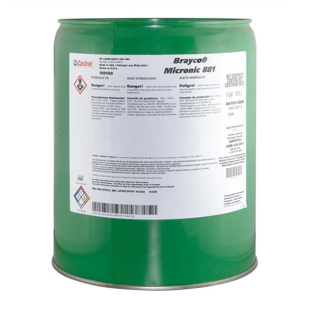Castrol Brayco Micronic 881 Low Temperature Hydraulic Fluid, MIL-PRF-87257, 5 US gal (18.9 L), 27020AEPL