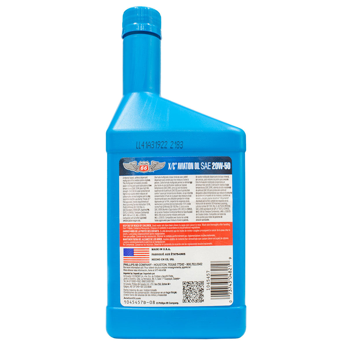 Phillips 66 X/C 20W-50 - Aviation Aircraft Oil - 1 QT image 1