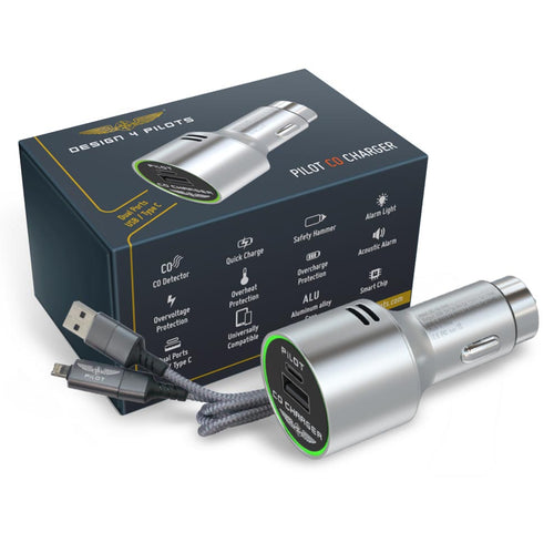 Pengisi Daya Pilot CO Design4Pilots - Pengisi Daya USB Ganda & Detektor Karbon Monoksida