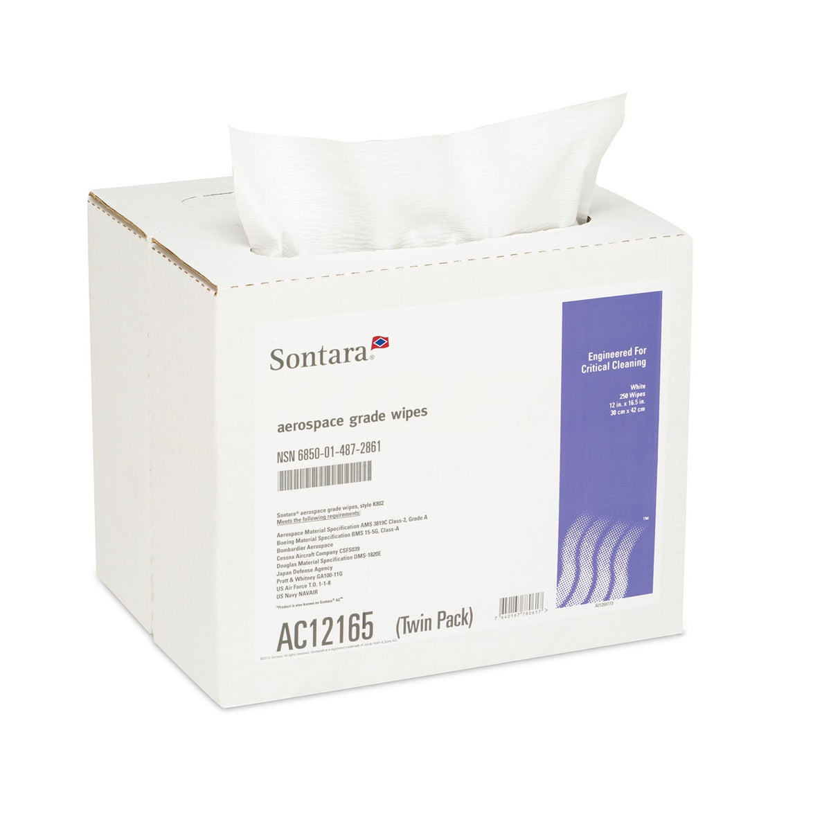 Sontara Aerospace Grade Wipes Double Pop-Up, 12 x 16.5 in, White, Box of 250, AC12165