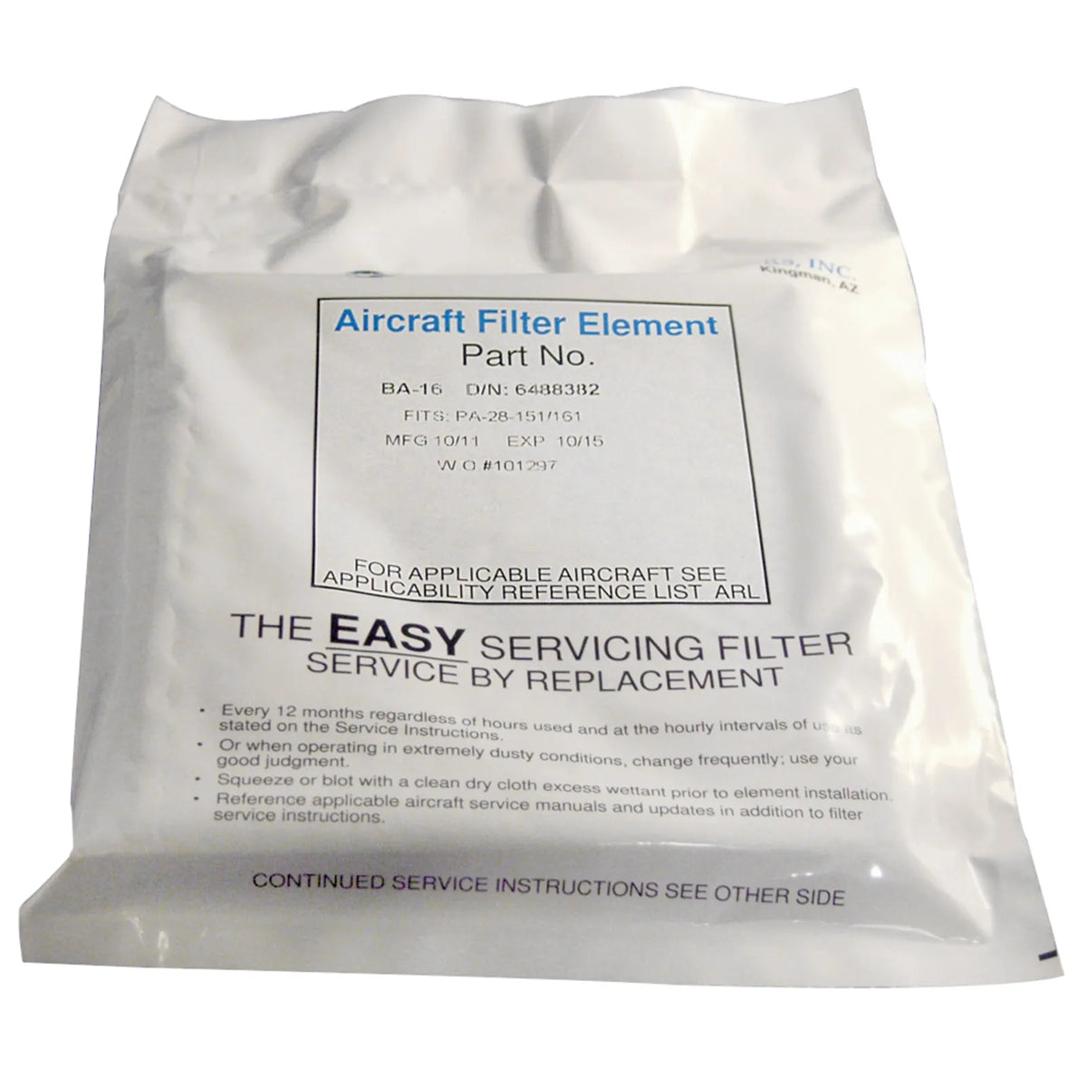Brackett Air Filter Element, Piper PA-28-151/161 Warrior, No Frame Required, BA-16 (BA16)