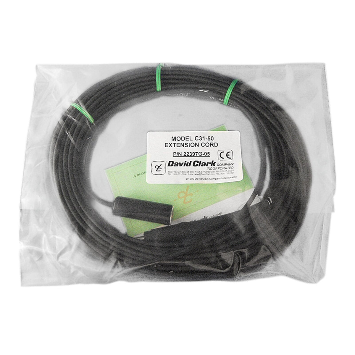 David Clark Series 3000 Headset Extension Cord, 50 ft Straight, C31-50