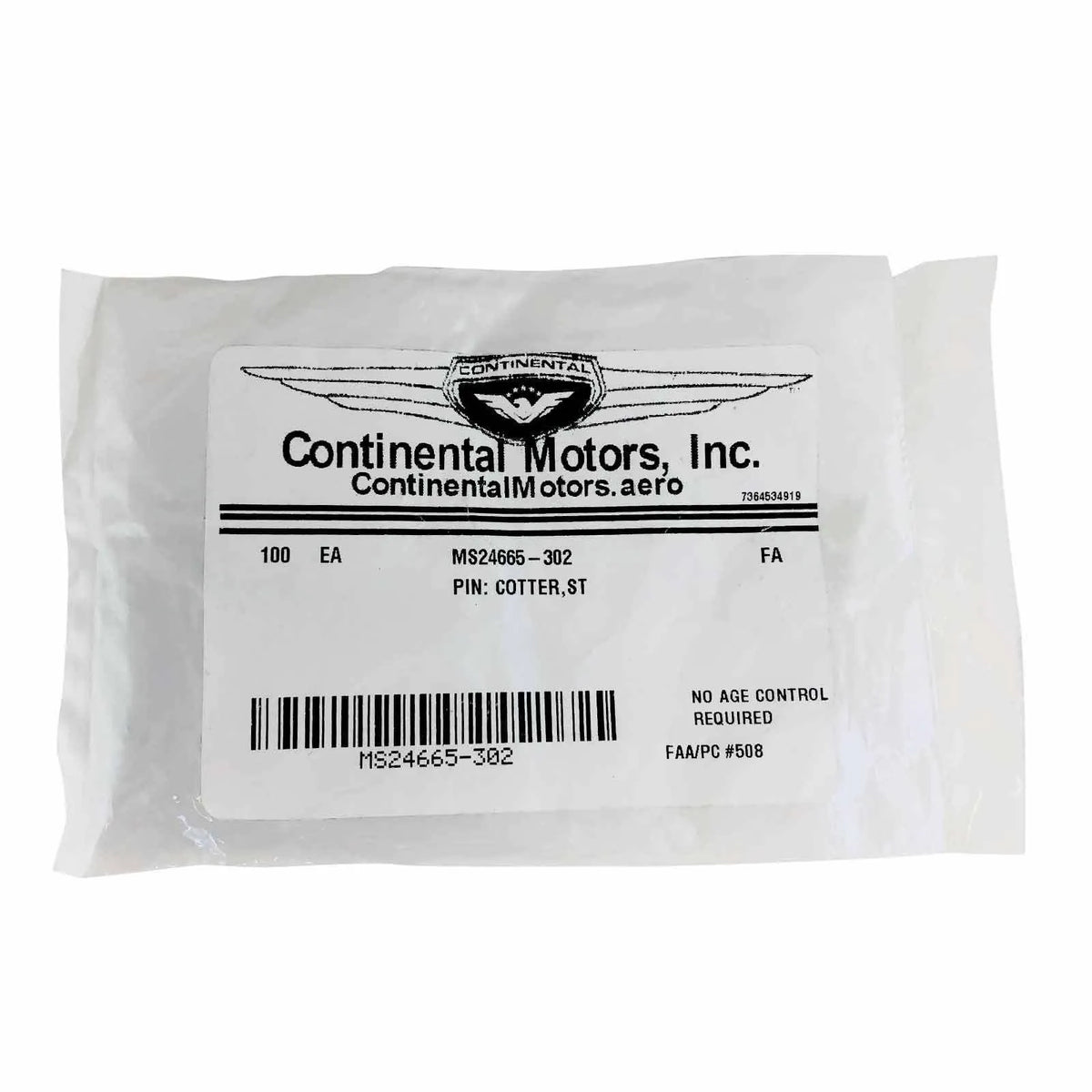 Continental Split Cotter Pin, 3/32 in x 1 in, Steel, Pack of 100, MS24665-302