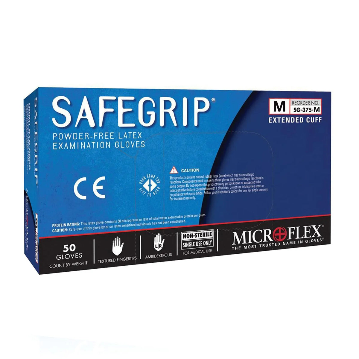 Microflex SafeGrip Powder-Free Latex Exam Gloves, Size M, Extended Cuff, Box of 50, SG-375-M (SG375M)