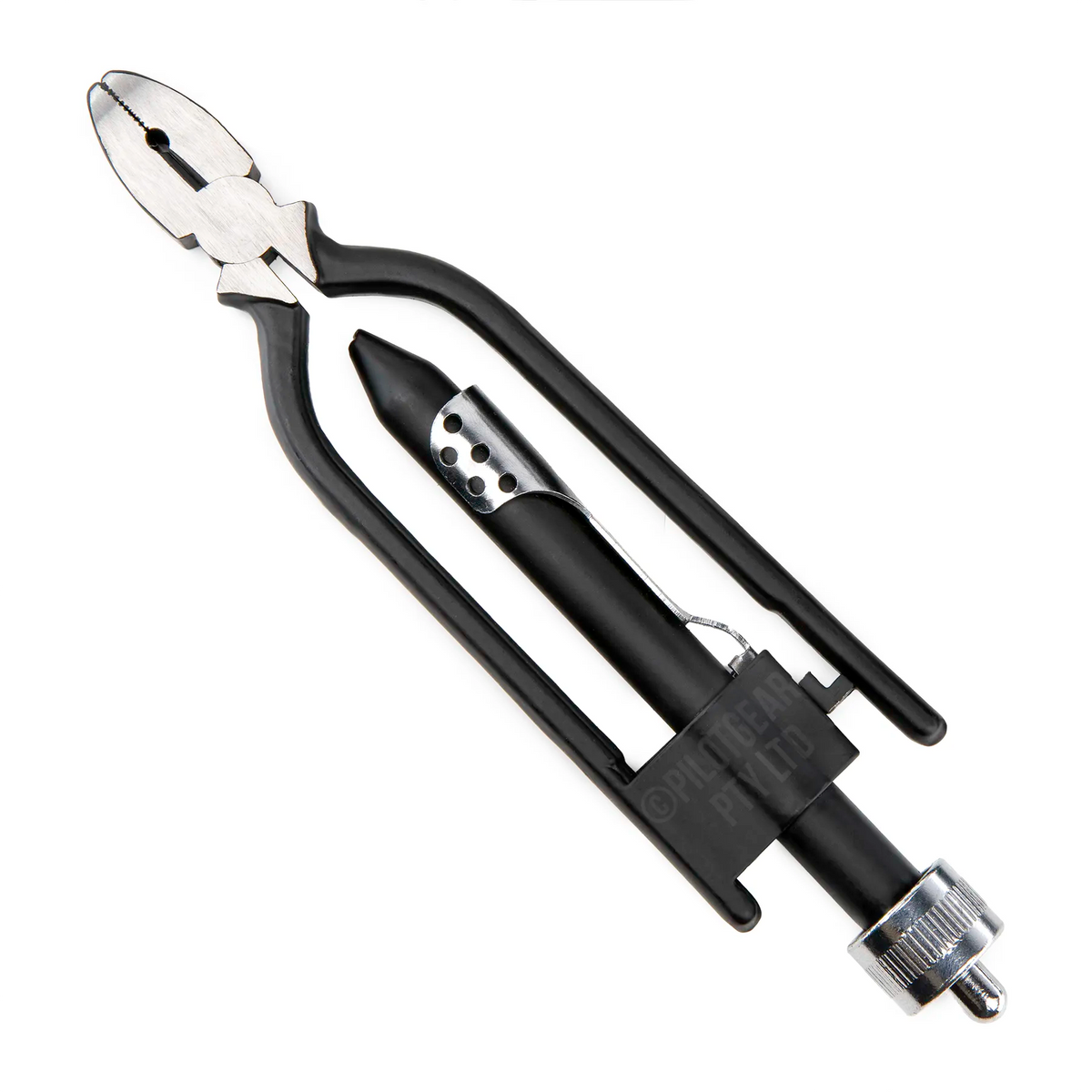 6 inch safety wire twisting pliers with black oxide finish, serrated jaws, side cutter and knurled automatic-return knob