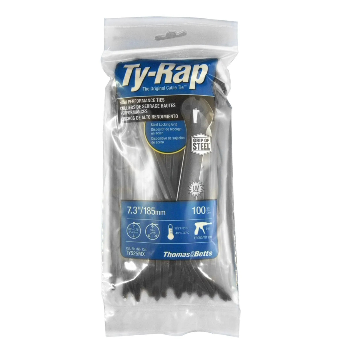 ABB Ty-Rap UV Black Cable Ties, 7.2 in (183 mm), 50 lb, Pack of 100, TY525MX