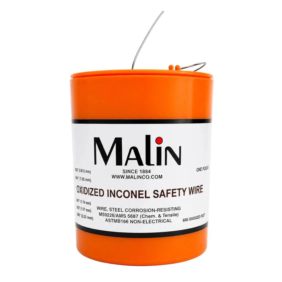 An orange plastic spool of Malin oxidized Inconel safety wire with a white label and a wire loop on top, isolated on a white background.