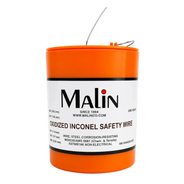An orange plastic spool of Malin oxidized Inconel safety wire with a white label and a wire loop on top, isolated on a white background.