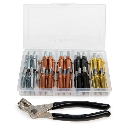 Kit Pengikat Cleco 50 Buah dengan Tang – 3/32″, 1/8”, 5/32″, 3/16" + Kotak Penyimpanan