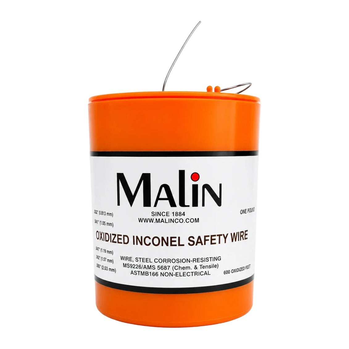 An orange plastic spool of Malin oxidized Inconel safety wire with a white label and a wire loop on top, isolated on a white background.